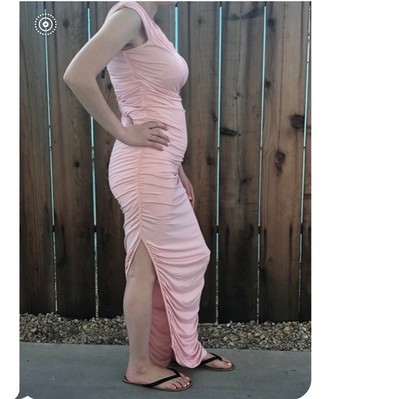 pink ruched maxi dress